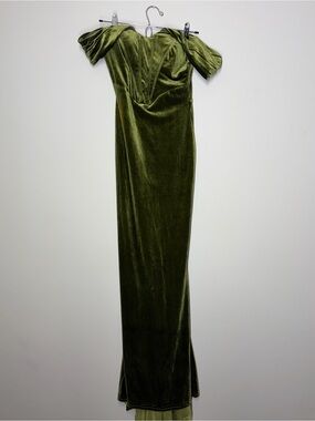 Olive Green Velvet Off-Shoulder Evening Gown